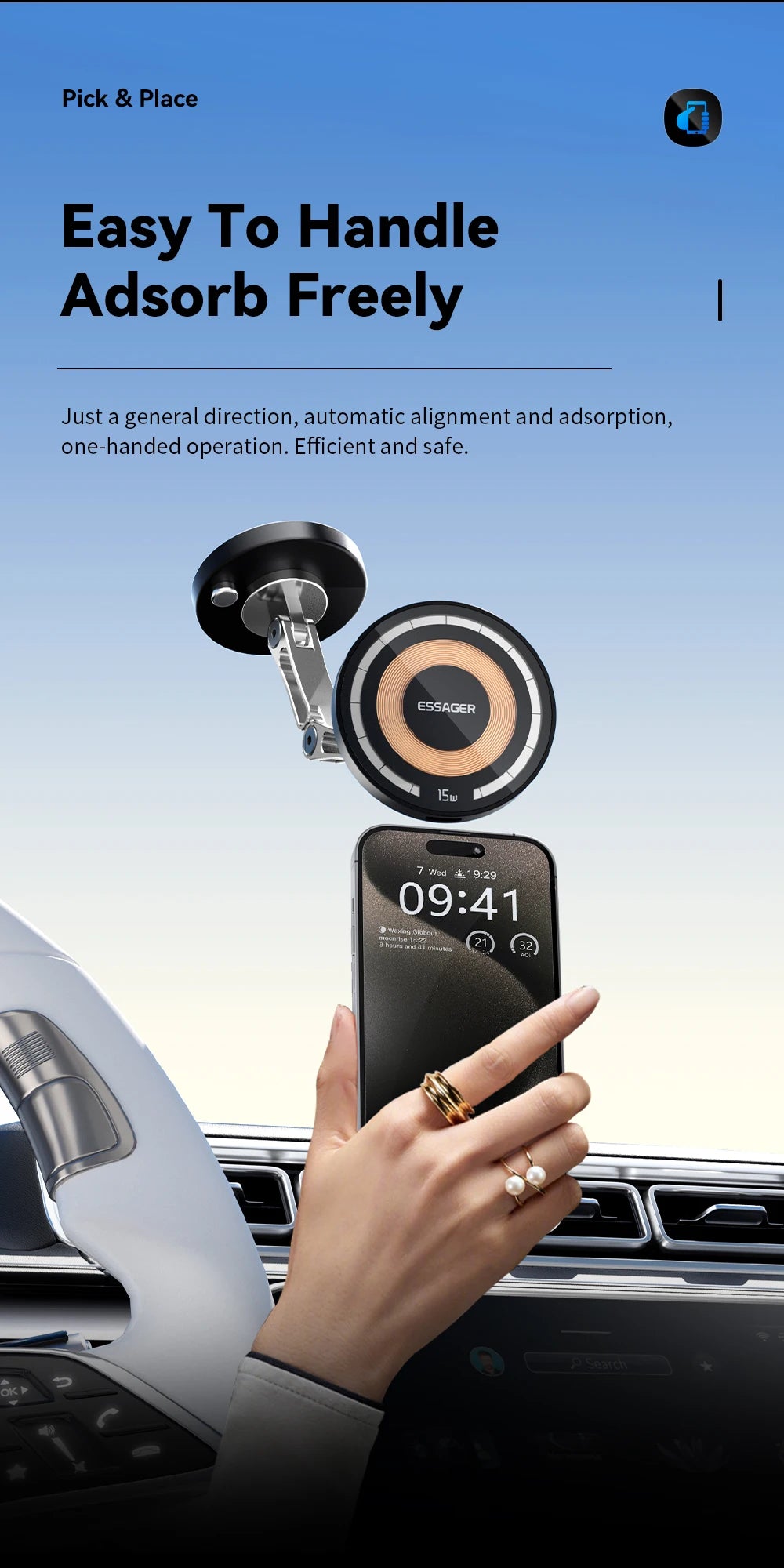 Essager Magnetic Wireless Charger Car Phone Holder 15W Fast Charging Easy Paste Mount Stand For Magsafe iPhone 15 14 13 Pro Max