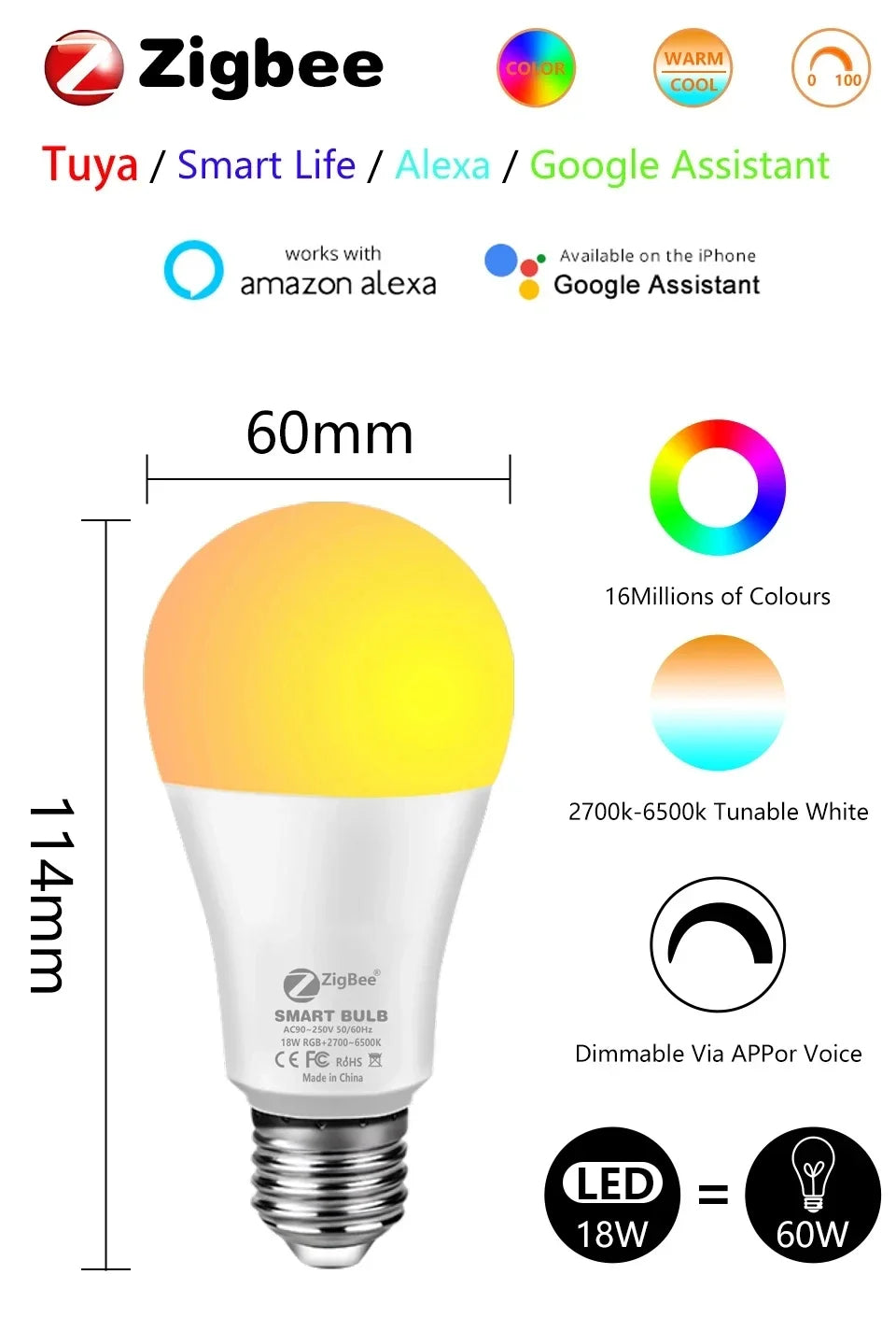 E27 E26 Tuya Smart Bulb AC 85-265V Wifi Bluetooth Zigbee Led Light RGB Lamp Spotlight Ampoules Remote Group Control Smart Life